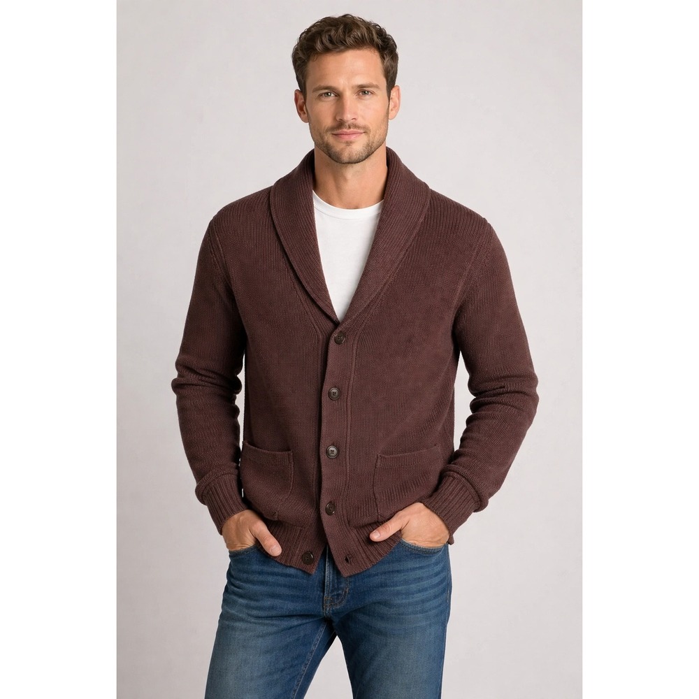 7 For All Mankind Mens Shawl Collar Cardigan‎ Sweater Brown Cotton Large
